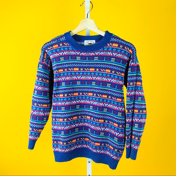 Marsh Landing Petites Sweaters - Colorful Blue Multicolor Knit Crewneck Sweater Top